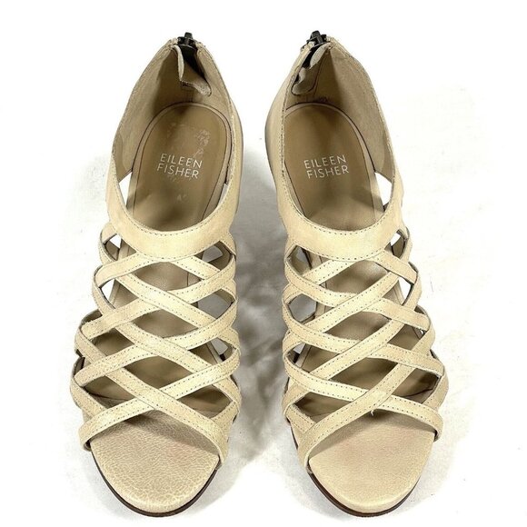 Eileen Fisher Sandals Womens 7 Beige Tan Caged Strappy Leather Wedge‎ Bohemian - Picture 3 of 11